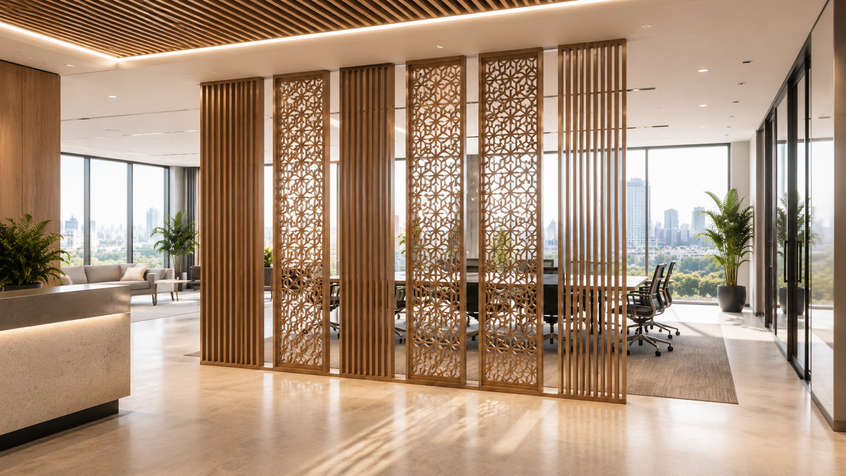 Vertical wood slatted partition divider screen
